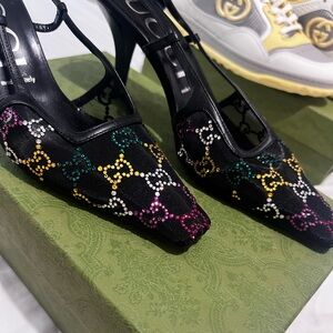 Gucci Women's Black Multicolor GG Embellished Mesh Slingback Pumps
NEVER WORN